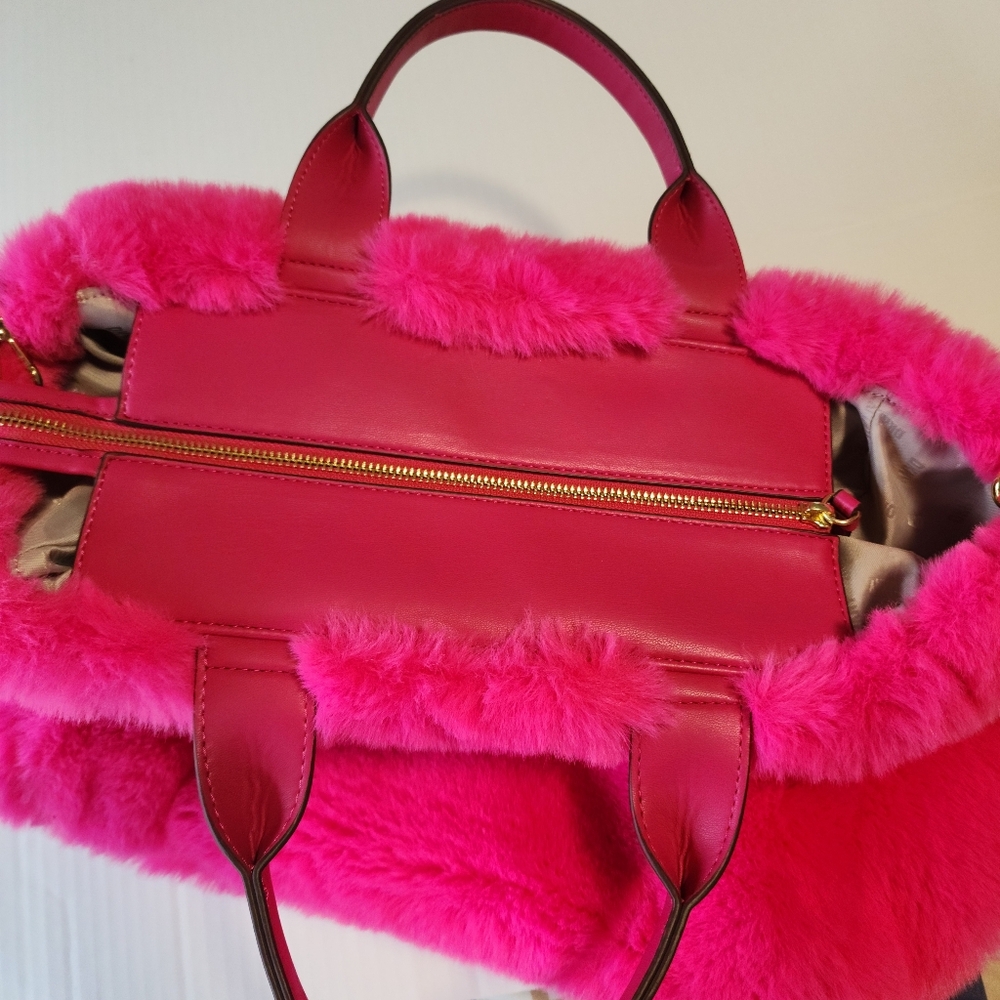 DKNY Hadlee Medium Tote Hot Pink Faux Fur with Shoulder Strap Bag - Picture 6 of 15